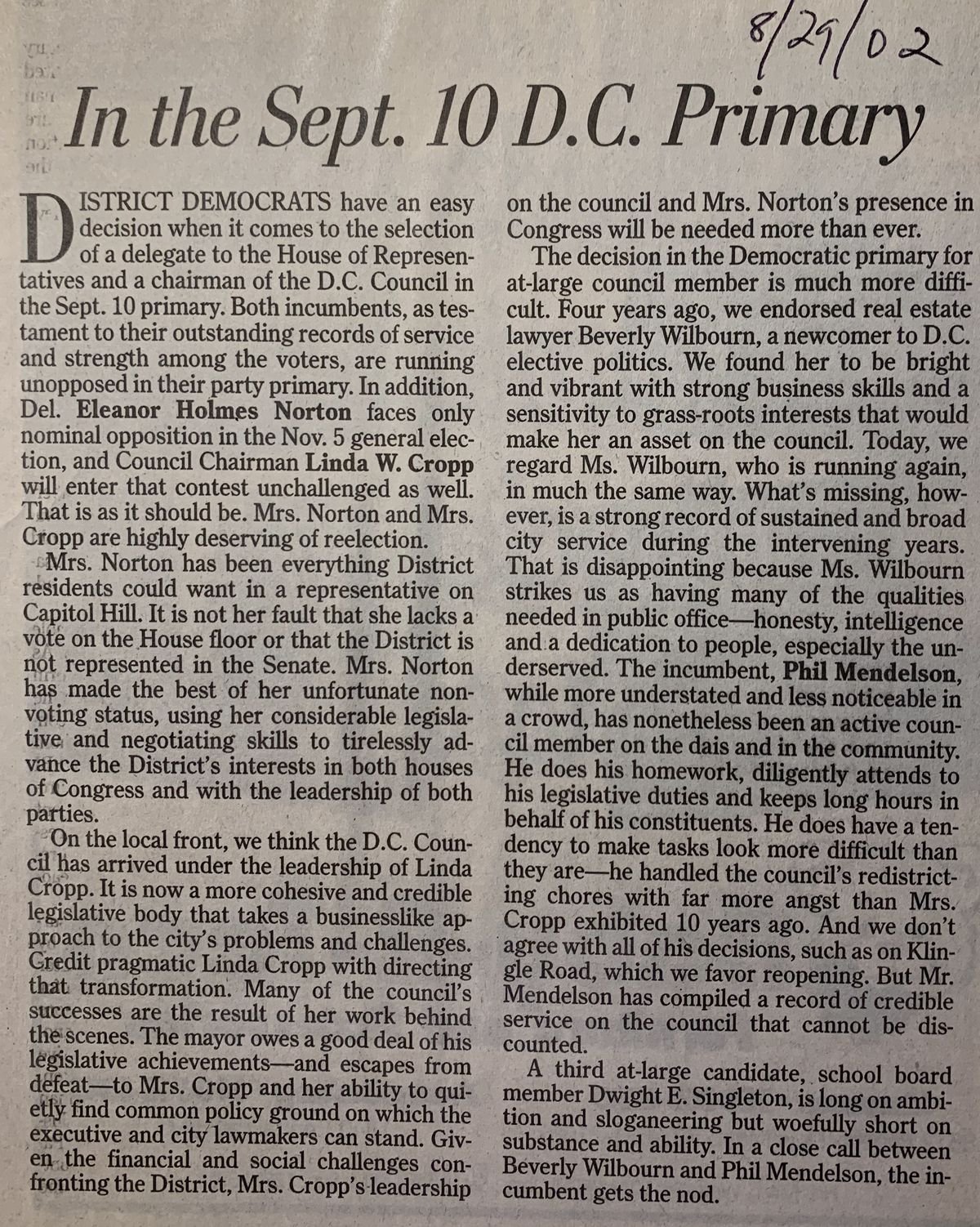 In the Sept. 10 D.C. Primary