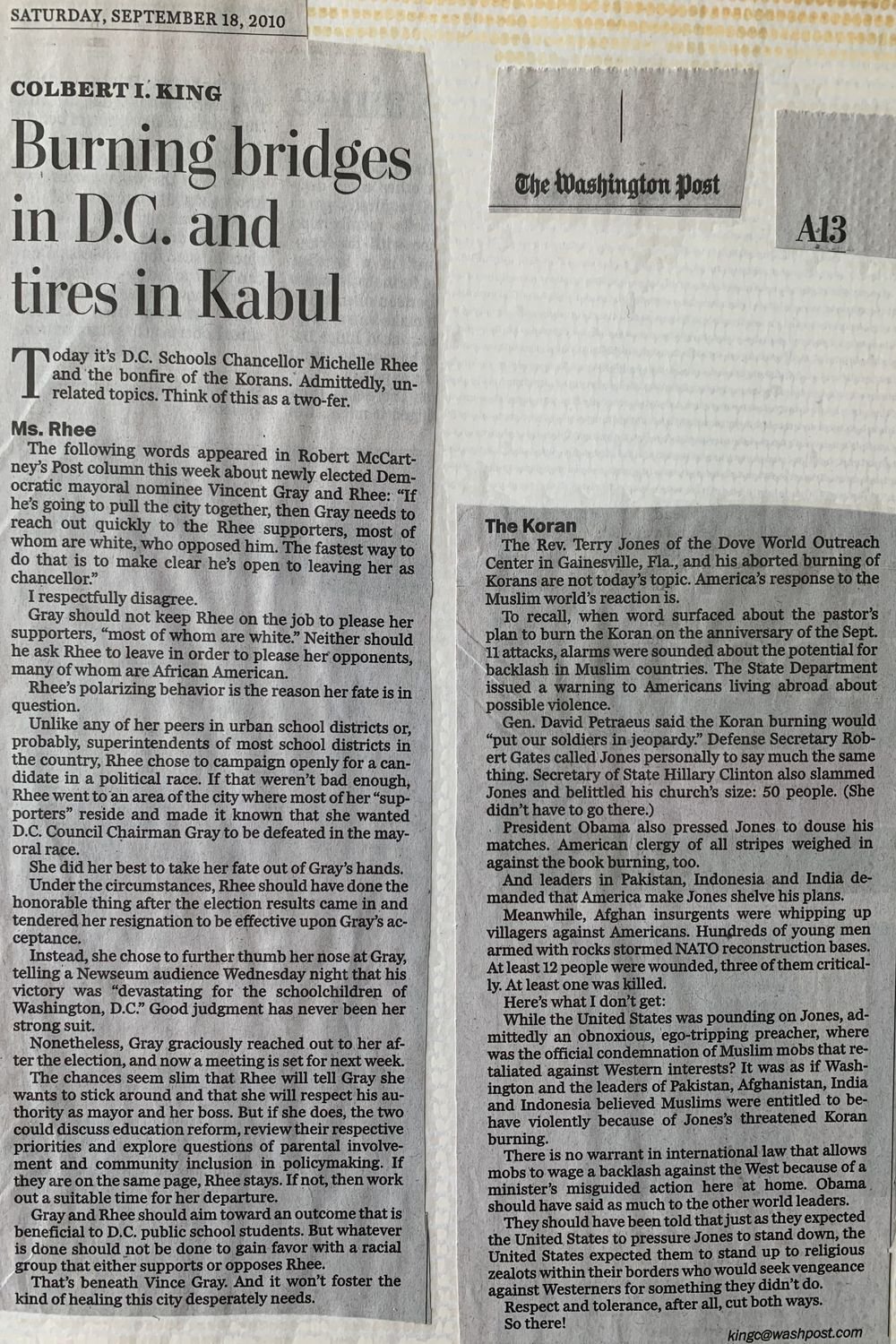 Burning bridges in D.C. and tires in Kabul